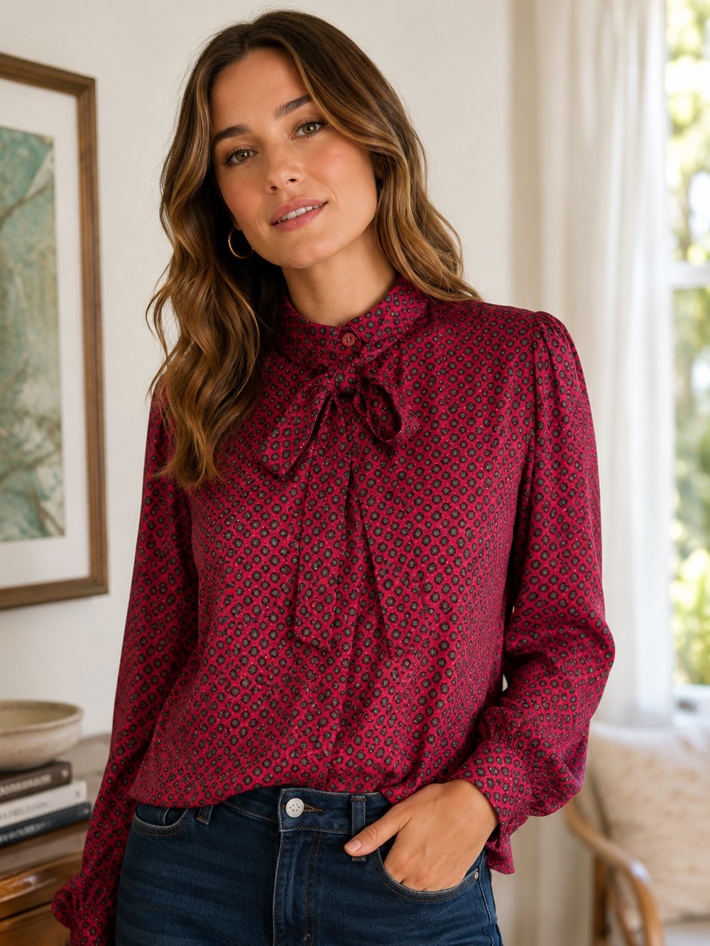 Vintage Oscar de la Renta Bow Tie Blouse Red Silk Blend Size 16
